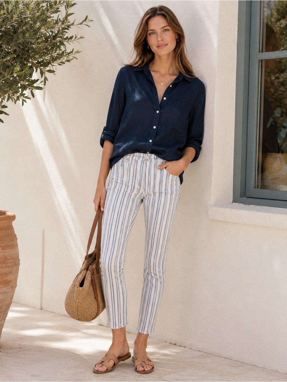 FRAME Le Skinny de Jeanne Crop Jeans 25 Blue White Stripe Raw Hem Stretch‎